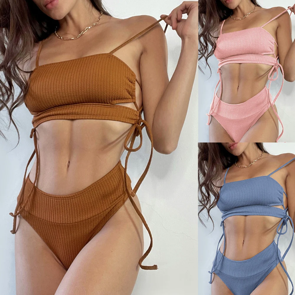 Nieuwe Bikini Rib Stof Sexy Vetersluiting High Waist Zwemkleding voor een flatterende en stijlvolle look op het strand of bij het zwembad — foto 12