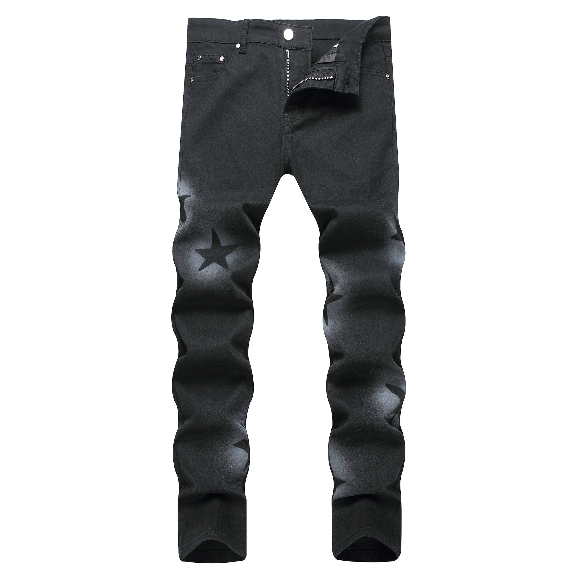 Pantalones vaqueros negros elásticos de cintura media con estrella de cinco puntas pintada a mano para hombre — foto 1