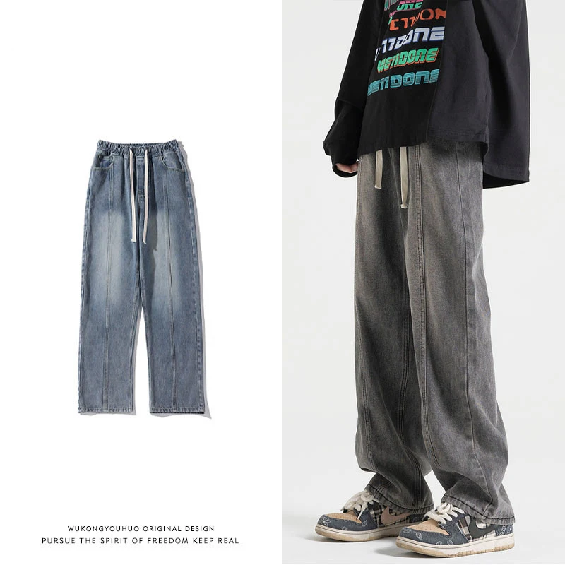 American-Style Retro Street Distressed Drawstring Elastic Waist Jeans, Comfortable Fit, Vintage Look, Perfect for Everyd — photo 1