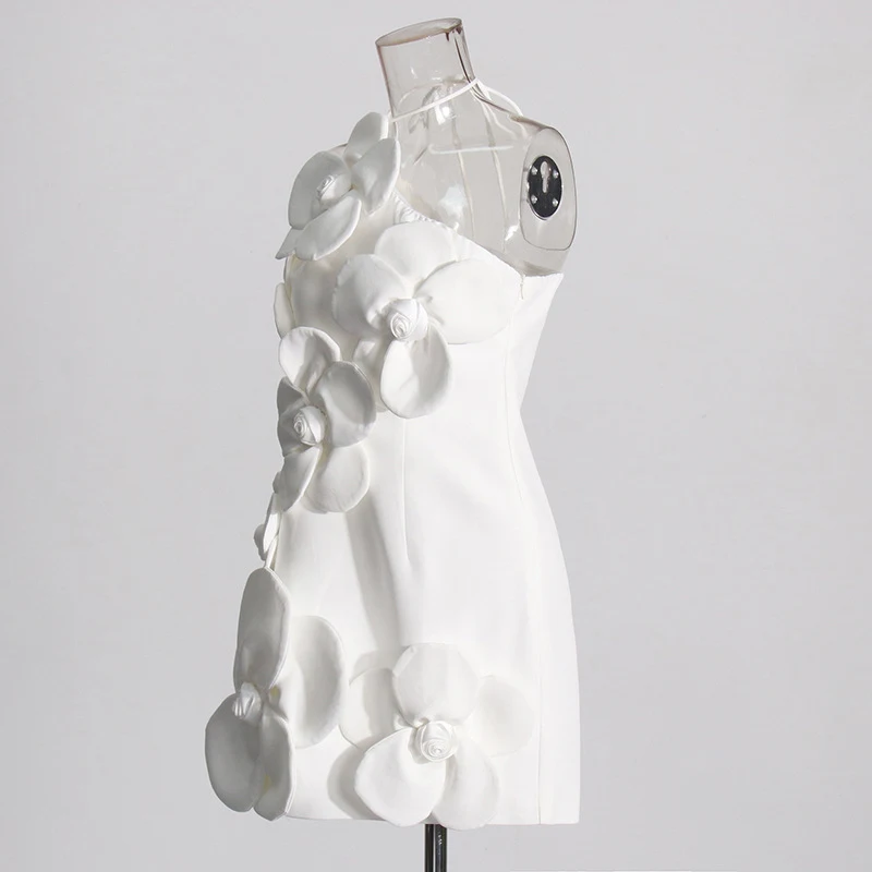 Premium short dress featuring oblique shoulder design, three-dimensional flower pattern, and a tight waist for a flatter — photo 22