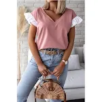 Camisa feminina de manga curta com decote em V de cor sólida — foto 5
