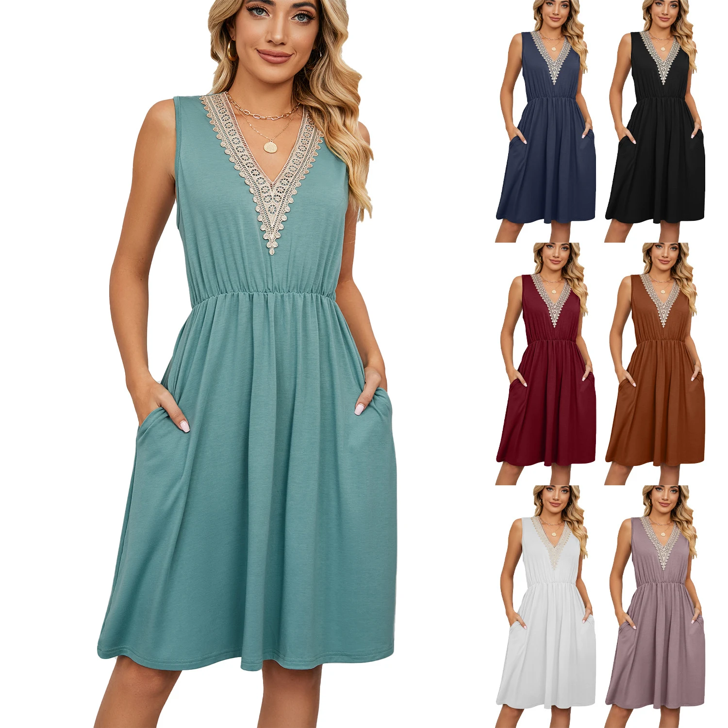 Title 7, Lace Panel Sleeveless Dress with Pocket V-neck ...