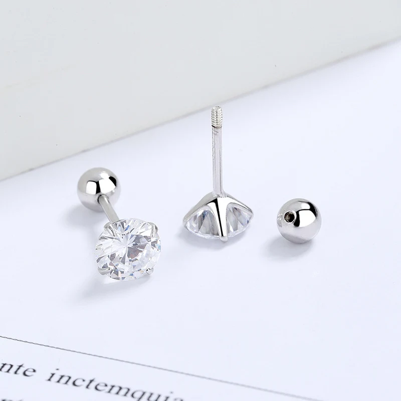 Brincos de pressão S925 em prata esterlina com zircônia redonda de quatro garras, fivela de rosca para mulheres. Simples e elegante, perfeito para uso diário. — foto 2
