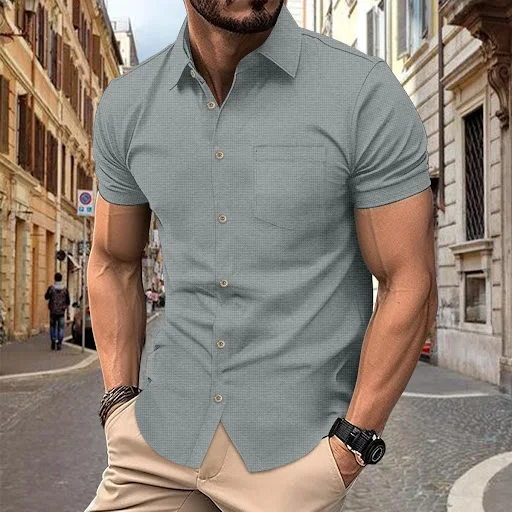 Title 4, Camisa casual masculina de manga curta com botã...