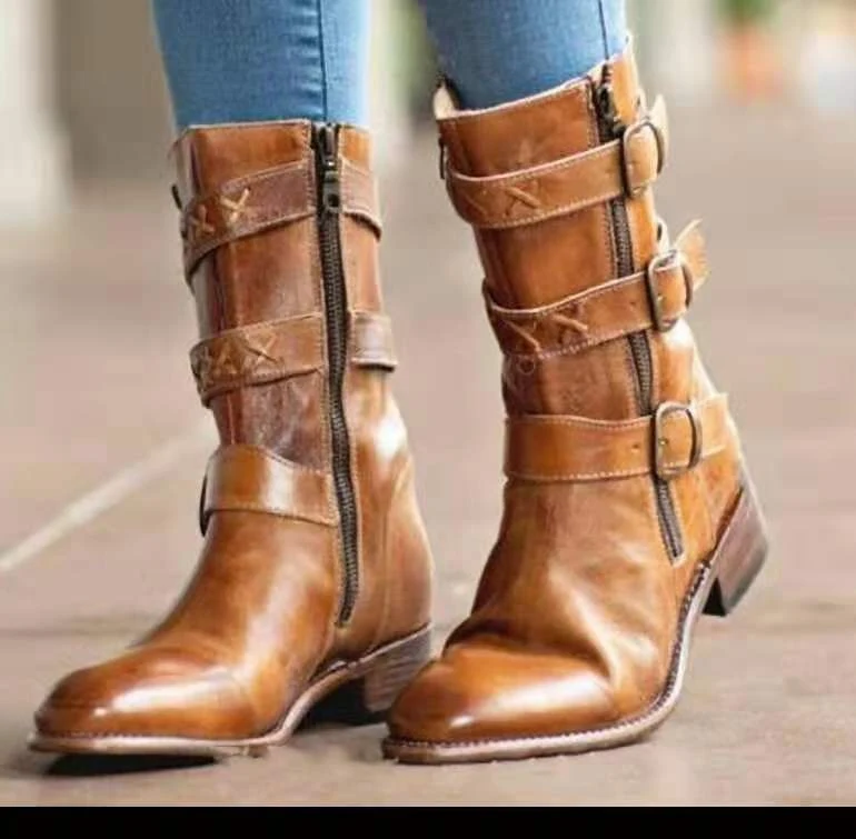 Retro square heel belt buckle motorcycle boots for a bold look and durable protection on the road, combining style and s — photo 1