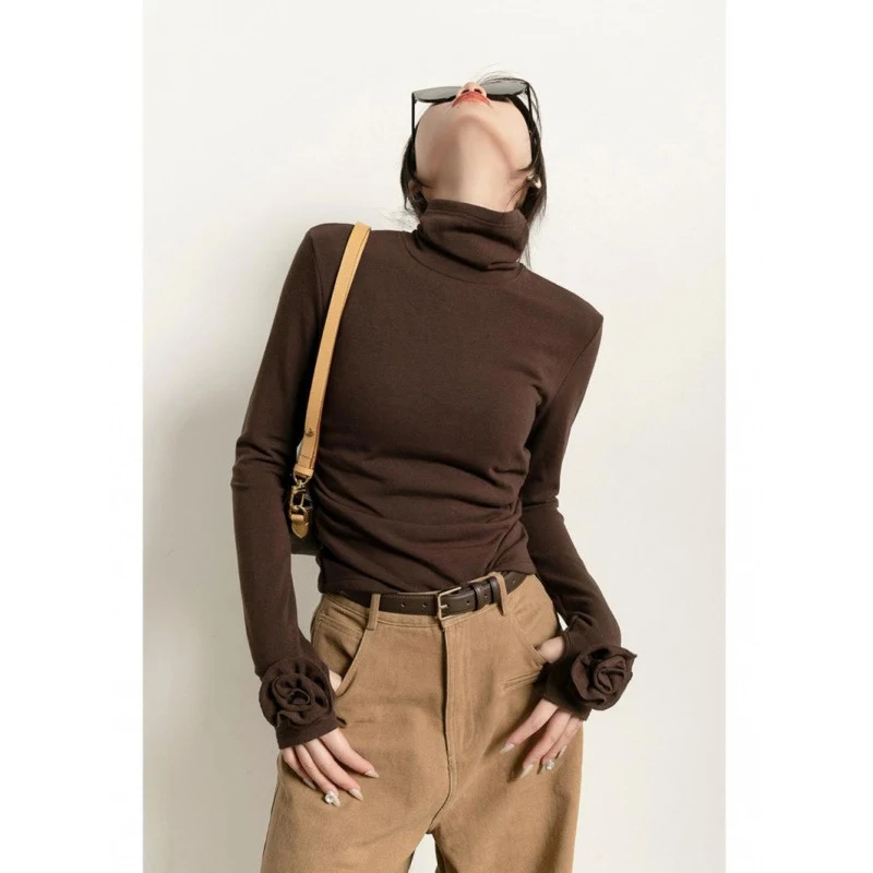 Brown Micro Velvet Lined Turtleneck Bottoming Shirt For Women, offering warmth, softness, and a stylish layering option. — photo 2
