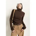 Brown Micro Velvet Lined Turtleneck Bottoming Shirt For Women, offering warmth, softness, and a stylish layering option. — photo 2
