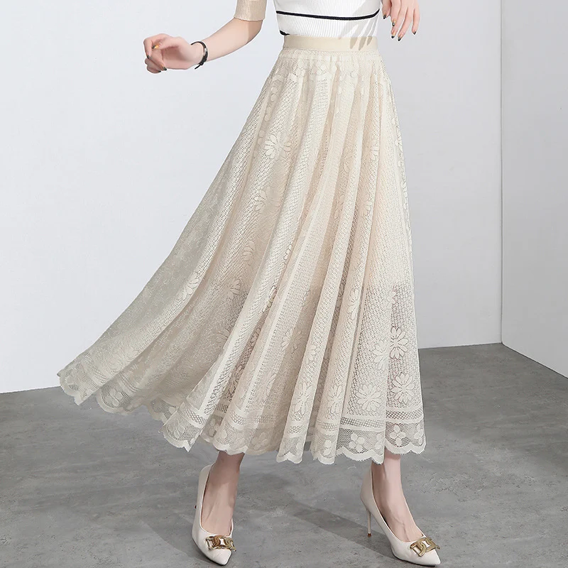 Damen A-Linien Midi-Rock Frühling Sommer, Spitze, Halblang, weiter Schwung, Netzgarn, Feen-Falten. Für einen femininen Look, ideal für warme Tage. — foto 1