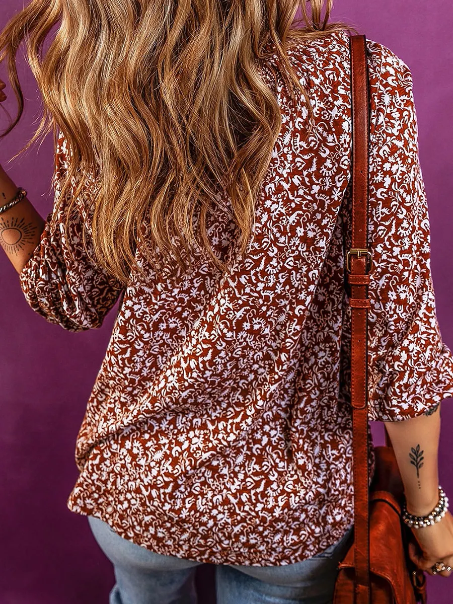Title 5, Bedrukte chiffon blouse met diepe V-hals en lan...