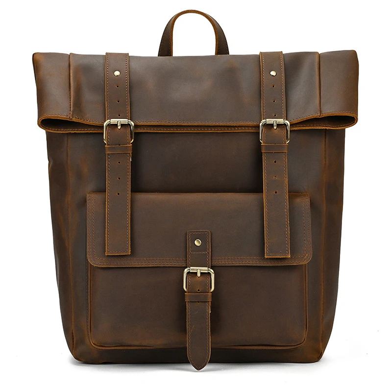 Mochila Retro de Couro Genuíno Masculina Grande Capacidade Estudante Couro Bovino Viagem Conforto e Estilo Clássico Perfeita para o Dia a Dia — foto 9