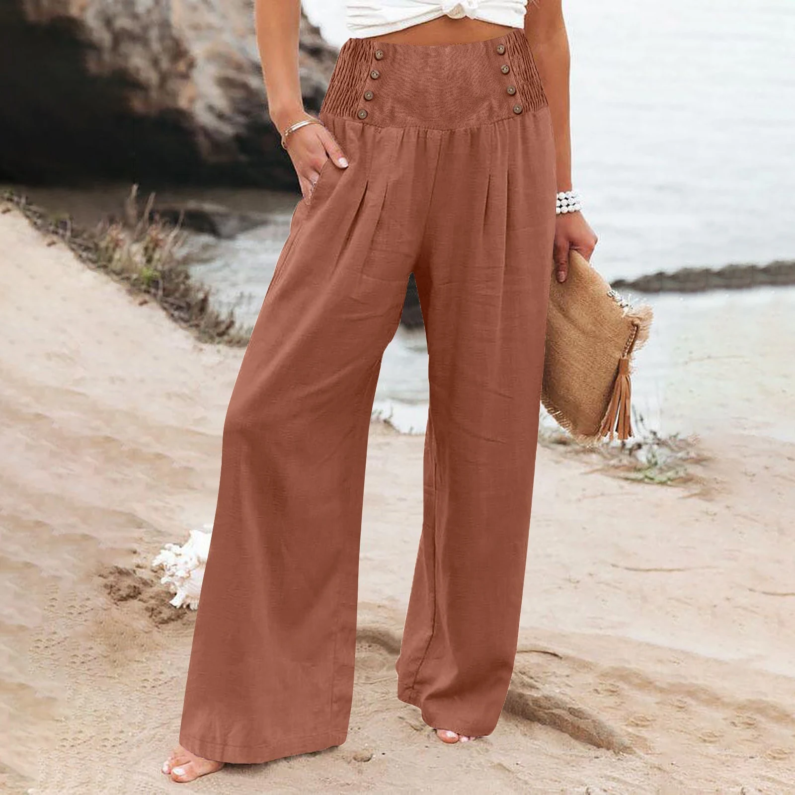 Title 13, Womens Casual Elastic High Waist Cotton Linen ...