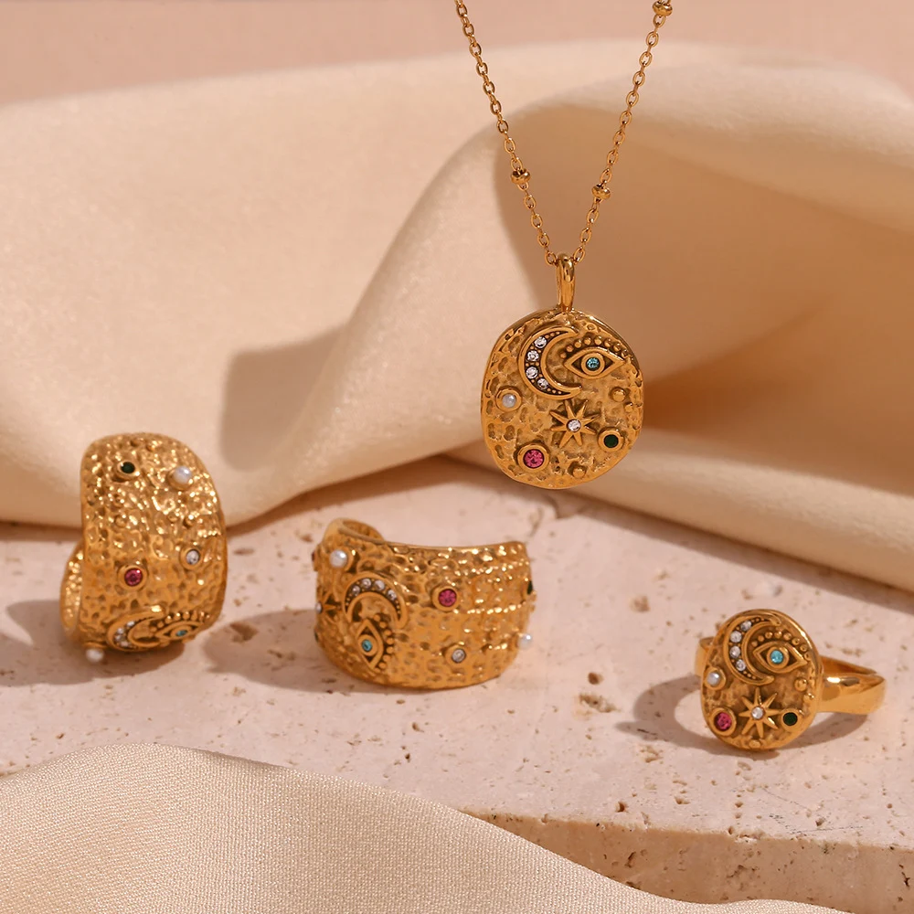 Colar Redondo Estrela Lua Micro Inlay Banhado a Ouro 18K Aço Inoxidável Joia Elegante Presente Feminino — foto 8
