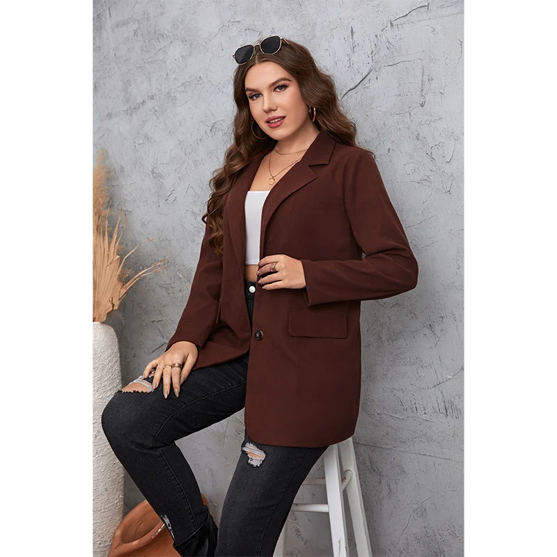 Chaqueta de traje casual marrón de talla grande para mujer, ideal para un look elegante y cómodo en cualquier ocasión, perfecto para el día a día. — foto 8