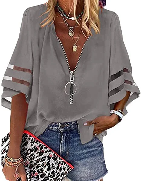 V-neck Zipper Shirt with Half Bell Sleeve and Mesh Stitching. A stylish and comfortable shirt, perfect for a versatile a — photo 1