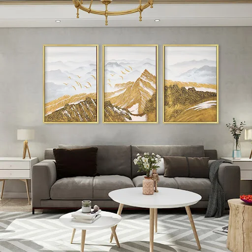 Title 4, Astratto Golden Montagna di Neve Uccello Wall A...