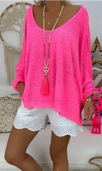 Abbigliamento da donna europeo e americano Tinta unita Taglie forti T-shirt versatile a maniche lunghe allentata — foto 9