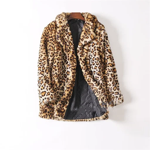 Title 2, Leopard Print Plush Mid-Length Fur Coat Womens...