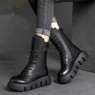 Botas Retrô Femininas com Cadarço Sapatos Outono Inverno Versáteis Botas Britânicas de Cano Alto com Fivela — foto 3
