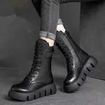 Botas Retrô Femininas com Cadarço Sapatos Outono Inverno Versáteis Botas Britânicas de Cano Alto com Fivela — foto 3