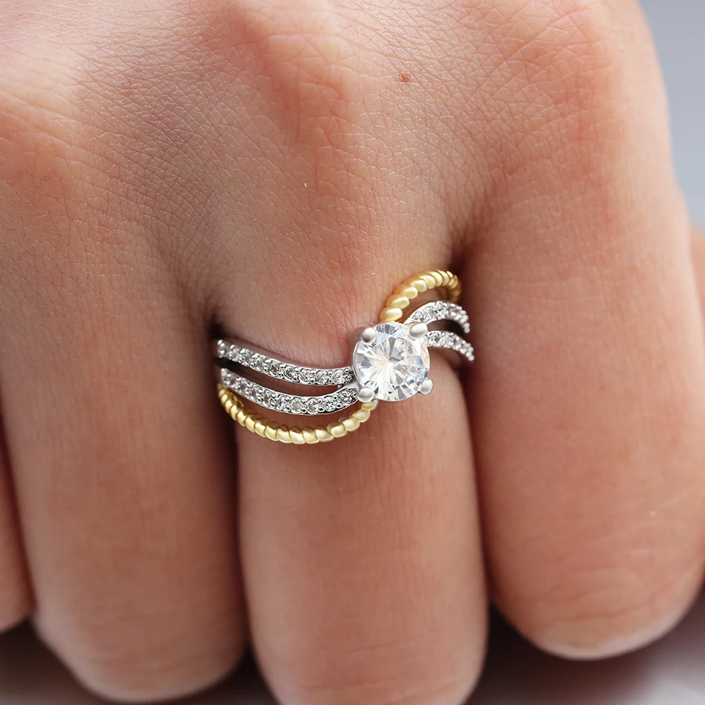 Anel bicolor de zircônia microincrustada, acessório novo e criativo de moda transfronteiriça, design elegante e moderno para realçar seu estilo. — foto 5