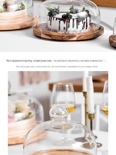 Title 3, Nordic Style Retro Wooden Cake Plate Glass Cover