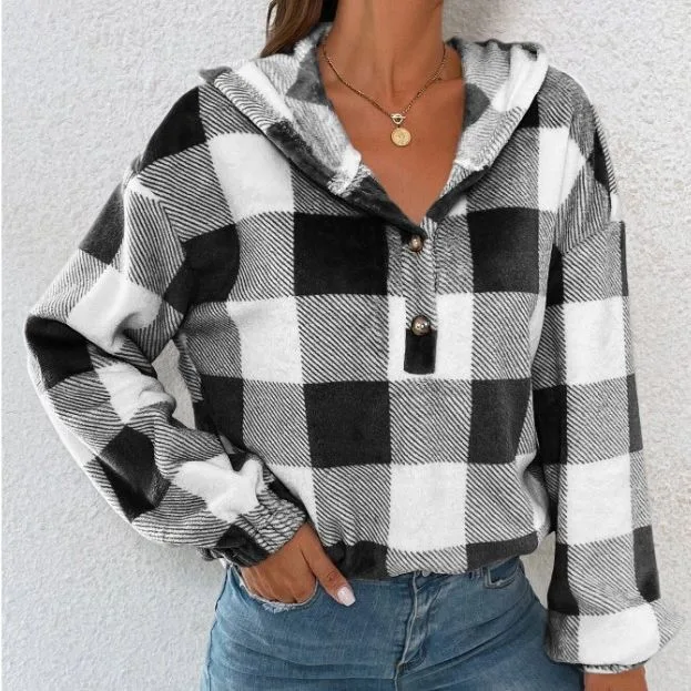 Title 6, Damesmode geruite sweatshirt met capuchon en kn...