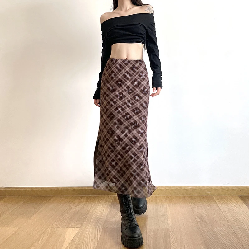 Saia Xadrez Retro Estilo Preppy com Fenda e Cintura Alta - Caimento Slim, Combinação Perfeita para um Visual Elegante e Moderno. — foto 23