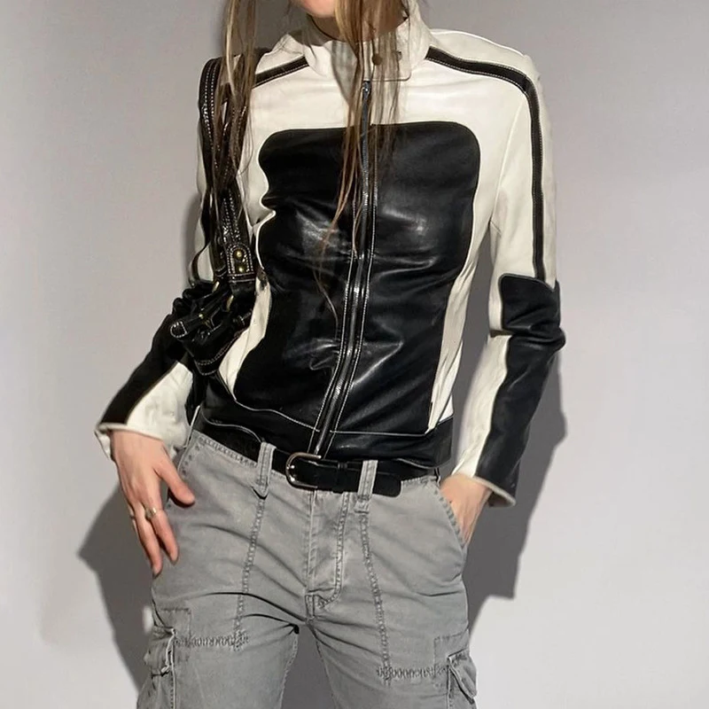 Title 9, Patchwork Leather Jacket Slim Collared Casual. ...