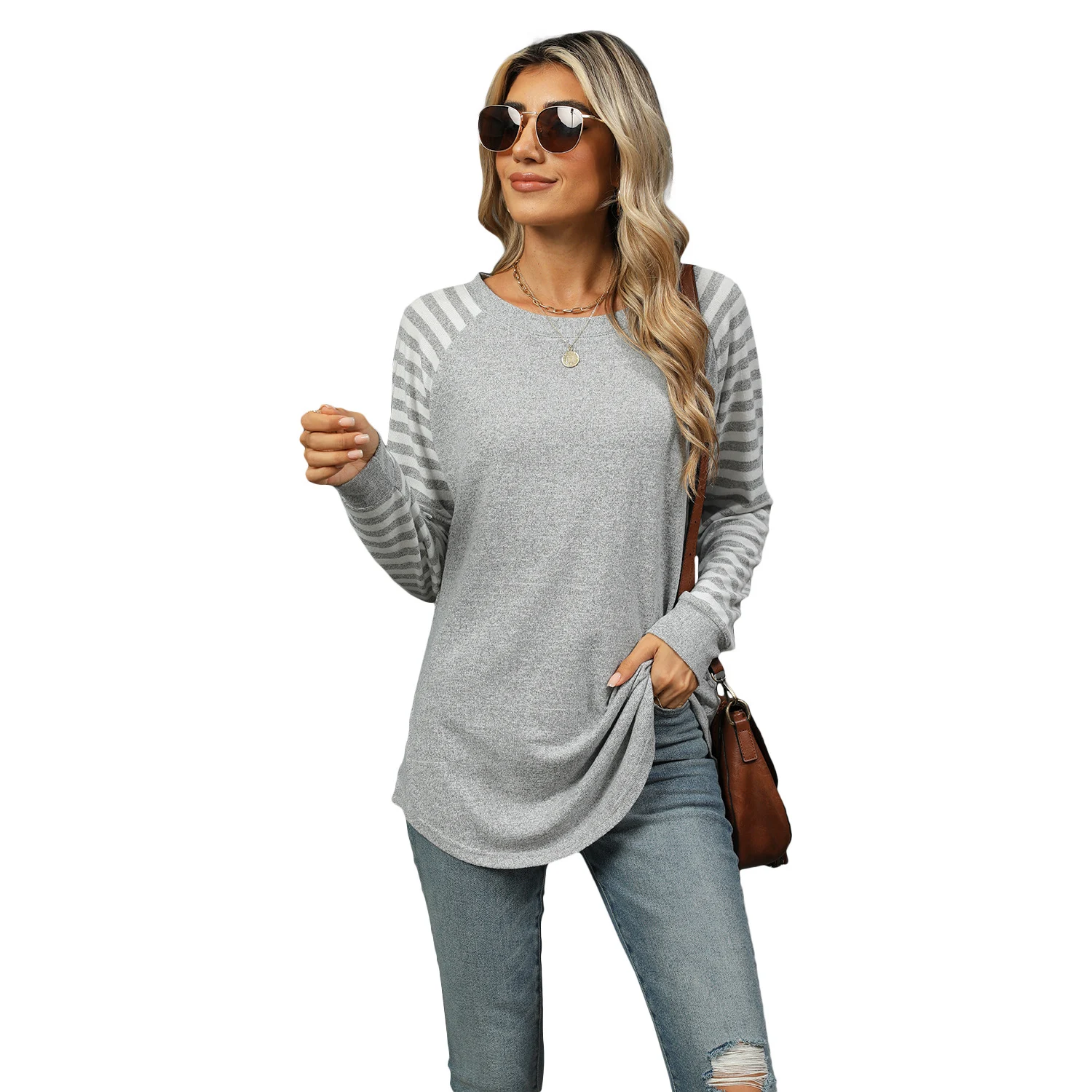 Title 5, Womens Striped Stitching Round Neck Long Sleev...
