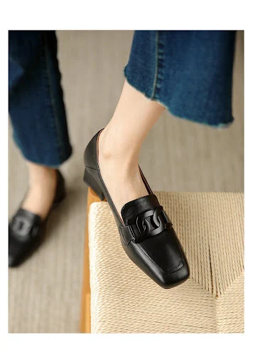 Title 11, Leather Shoes Womens Chunky Heel Retro Square ...