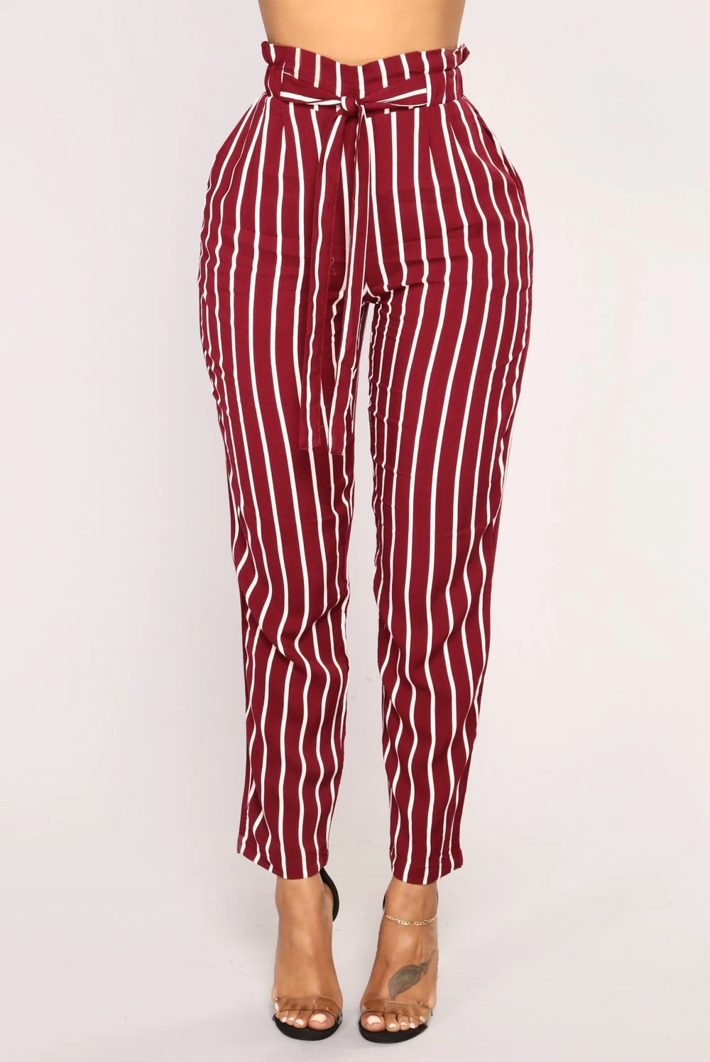 Calças casuais femininas outono inverno cintura média pretas listradas com laço estilo tierricdress. Conforto e elegância para o dia a dia. — foto 1