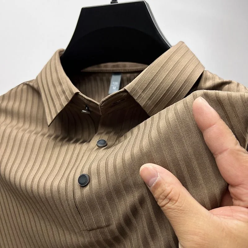 Striped Ice Silk Short Sleeve T-shirt for Men, Lapel Collar Summer Wear. Breathable and cool, perfect for hot weather co — photo 6