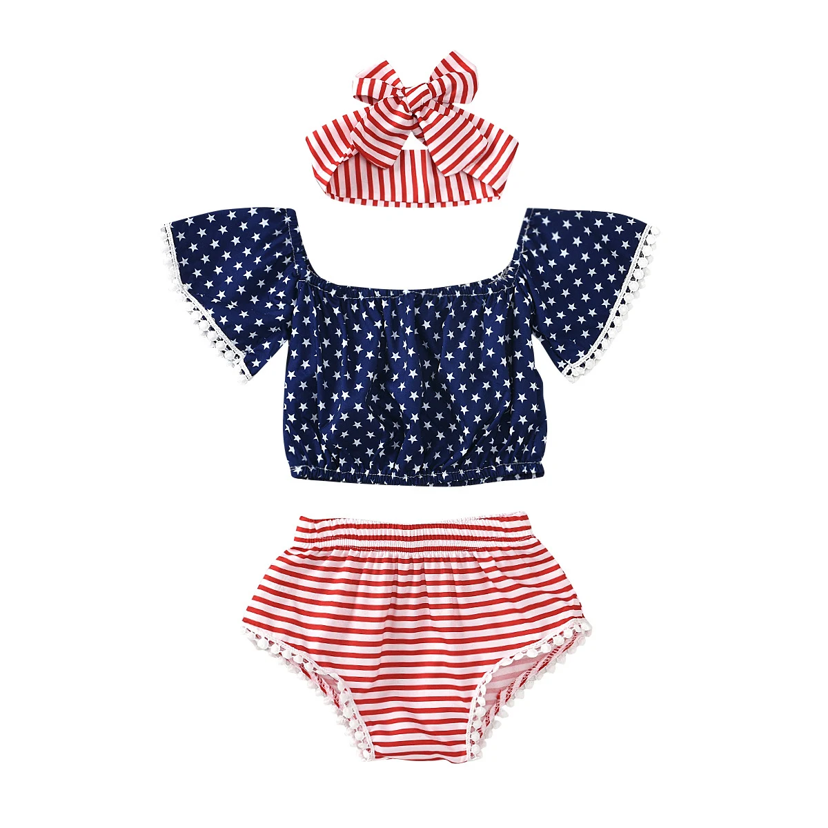 Completo tre pezzi con blusa stampata, shorts e fascia per capelli. Perfetto per un look estivo fresco e alla moda. — foto 5