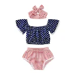 Completo tre pezzi con blusa stampata, shorts e fascia per capelli. Perfetto per un look estivo fresco e alla moda. — foto 5
