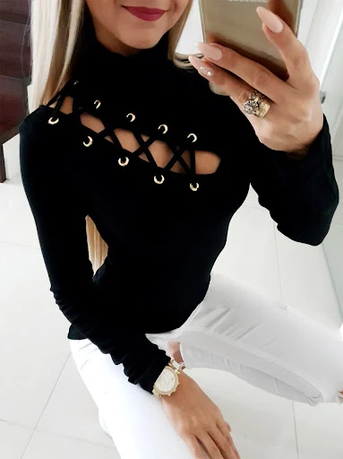 Title 7, High neck hollow solid color long sleeve top of...