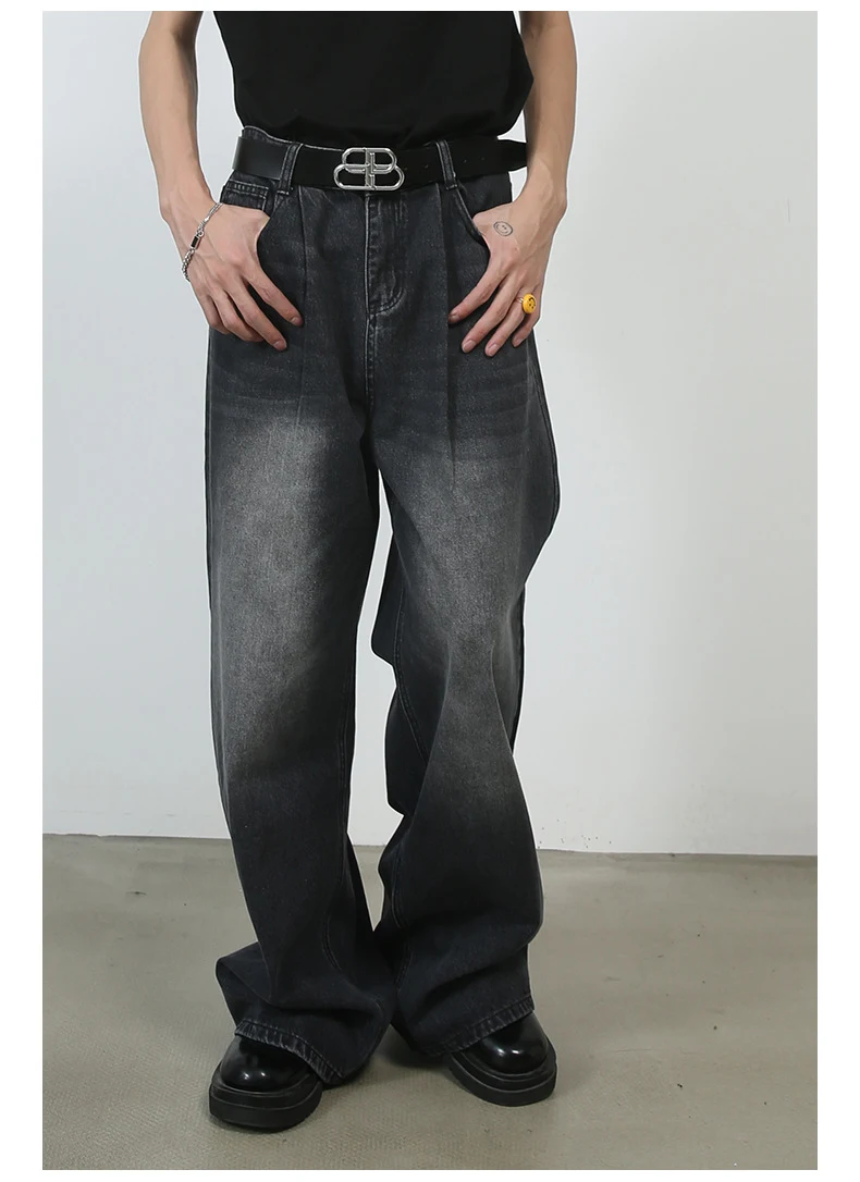 Calças jeans masculinas Personality Denim, pernas largas, lavadas e folgadas, estilo wide-leg, perfeitas para um visual moderno e confortável. — foto 2
