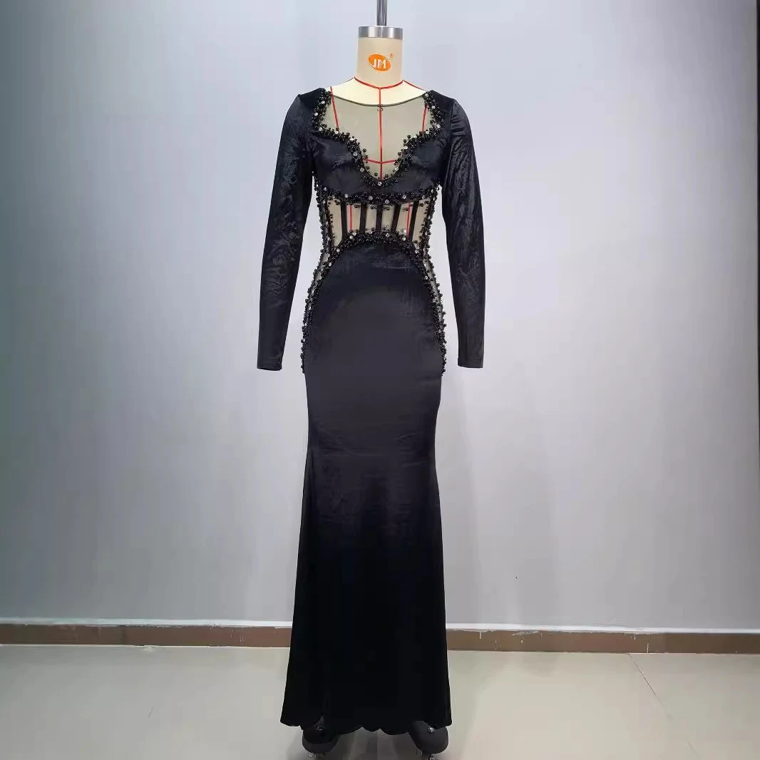 Women's black beaded see-through fishbone dress with abdomen control for a flattering silhouette, perfect for evening ev — photo 2