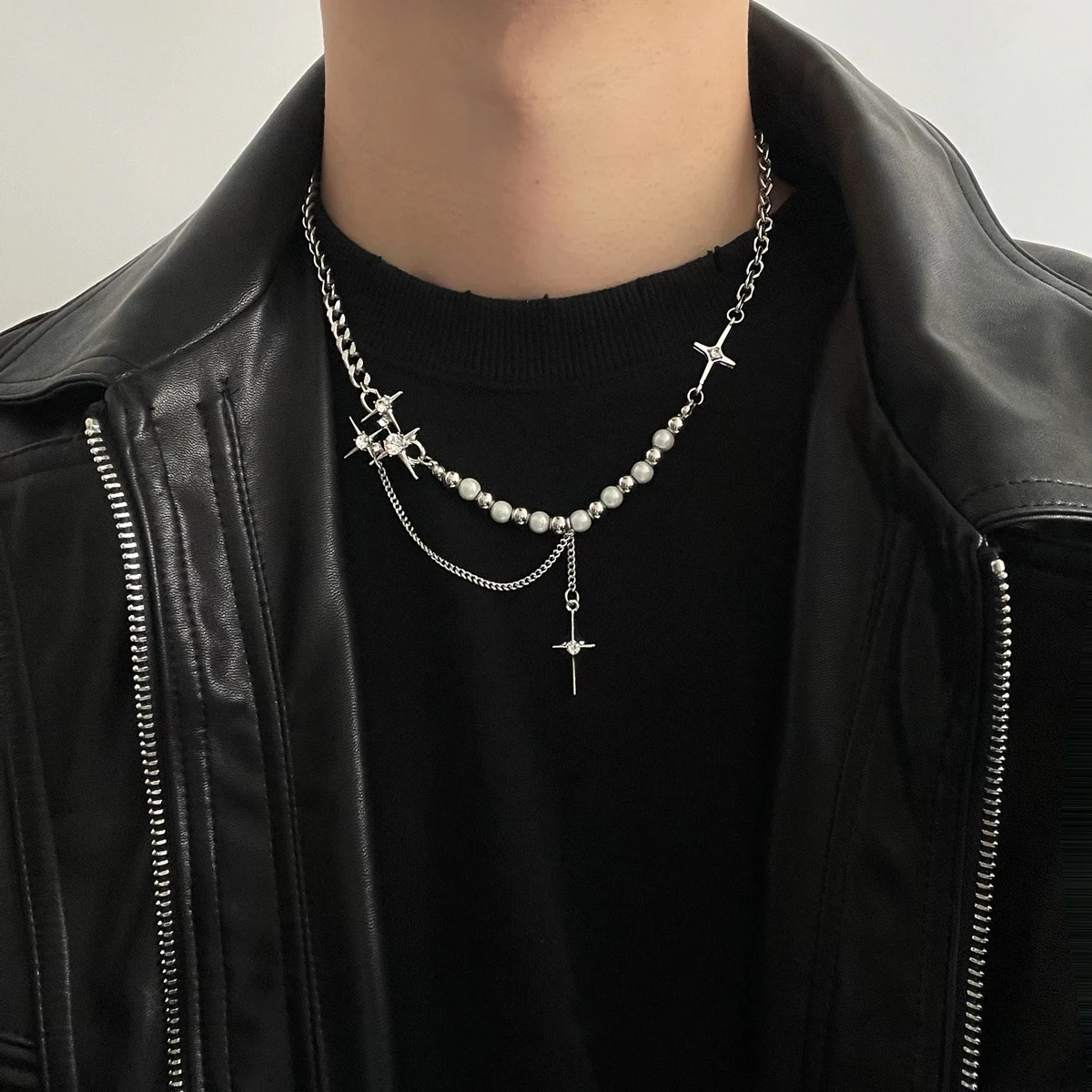 Colar unissex com estrelas de oito pontas refletivas e pesponto de pérolas para mulheres, moda e segurança noturna. — foto 10
