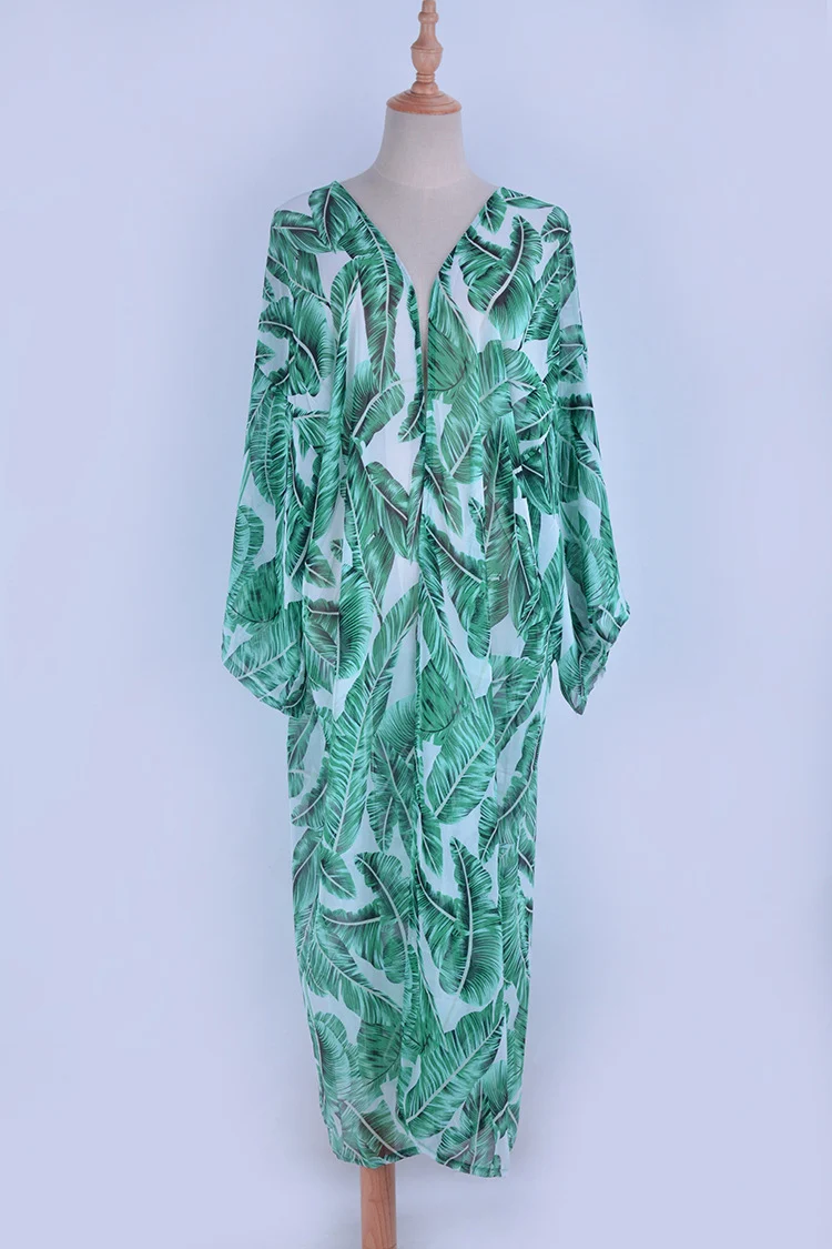 Title 1, Chiffon Green Banana Leaf Print Beach Blouse. L...