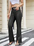 Ženske PU zvonaste pantalone, elegantne i udobne za moderan izgled. Idealne za kreiranje raznovrsnih kombinacija, sa savršenim krojem i bezvremenskim stilom. — foto 4