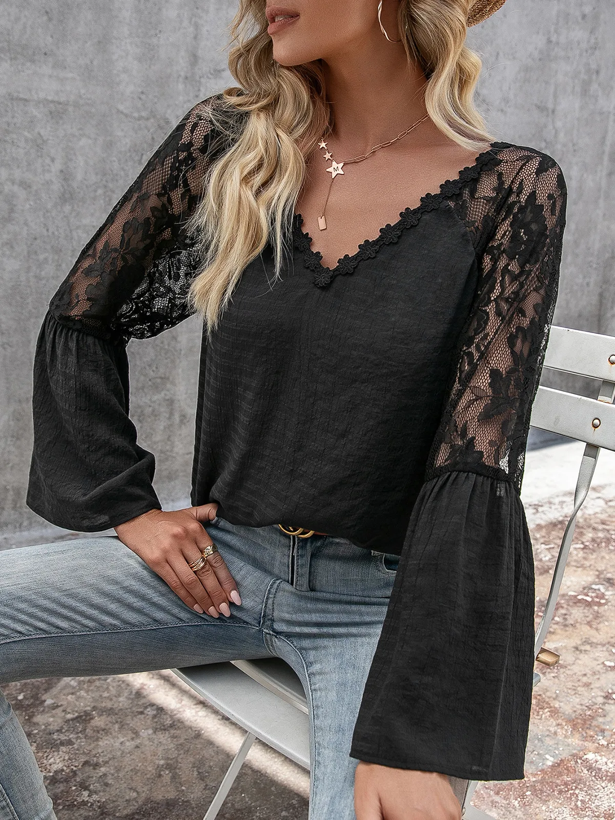 Title 7, Solid Color Stitching Lace Lace Hollow V-neck L...
