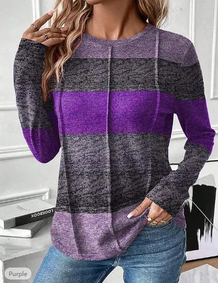 Round Neck Contrast Color Long Sleeve Casual and Comfortable T-shirt, designed for everyday wear, offering both style an — photo 1