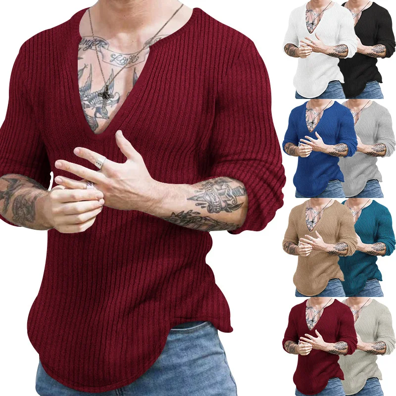Camiseta masculina de malha com decote em V profundo, manga longa, modelagem slim, cor sólida, ideal para outono e inverno, perfeita como base — foto 17