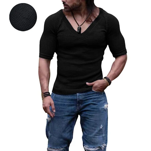 Title 5, T-shirt da uomo estivo slim scollo a V tinta un...