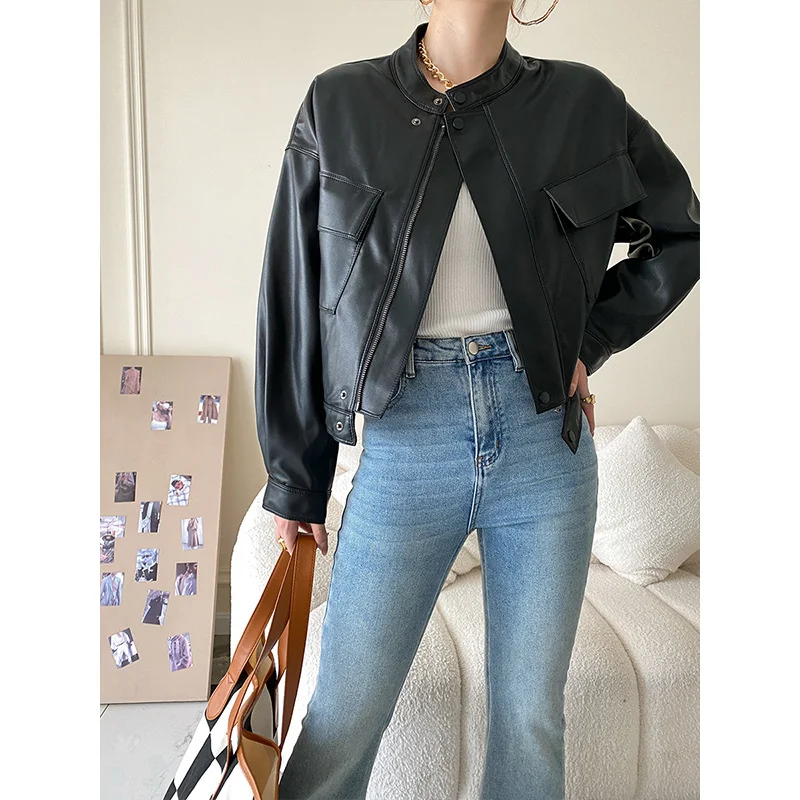 Title 9, Womens Casual Small Stand Collar Leather Jacke...