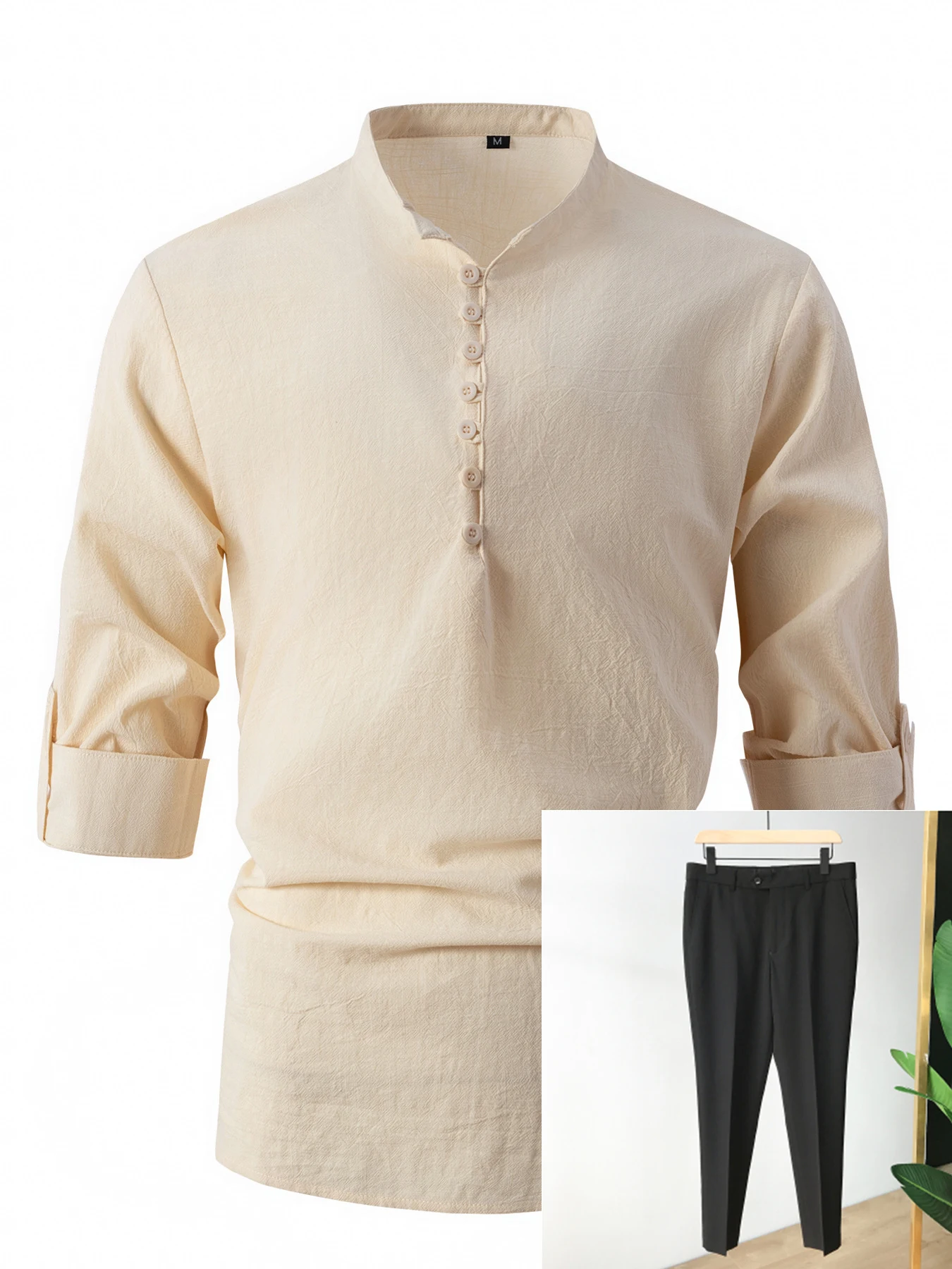 Camisa masculina retrô de algodão e linho primavera e outono, gola padre, slim, casual e de negócios. Conforto e elegância. — foto 1