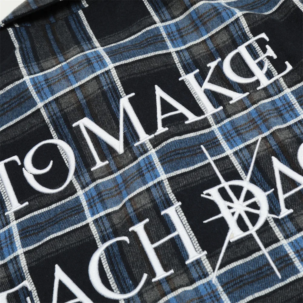 Camisa masculina bordada com letras xadrez Primavera e Outono — foto 19
