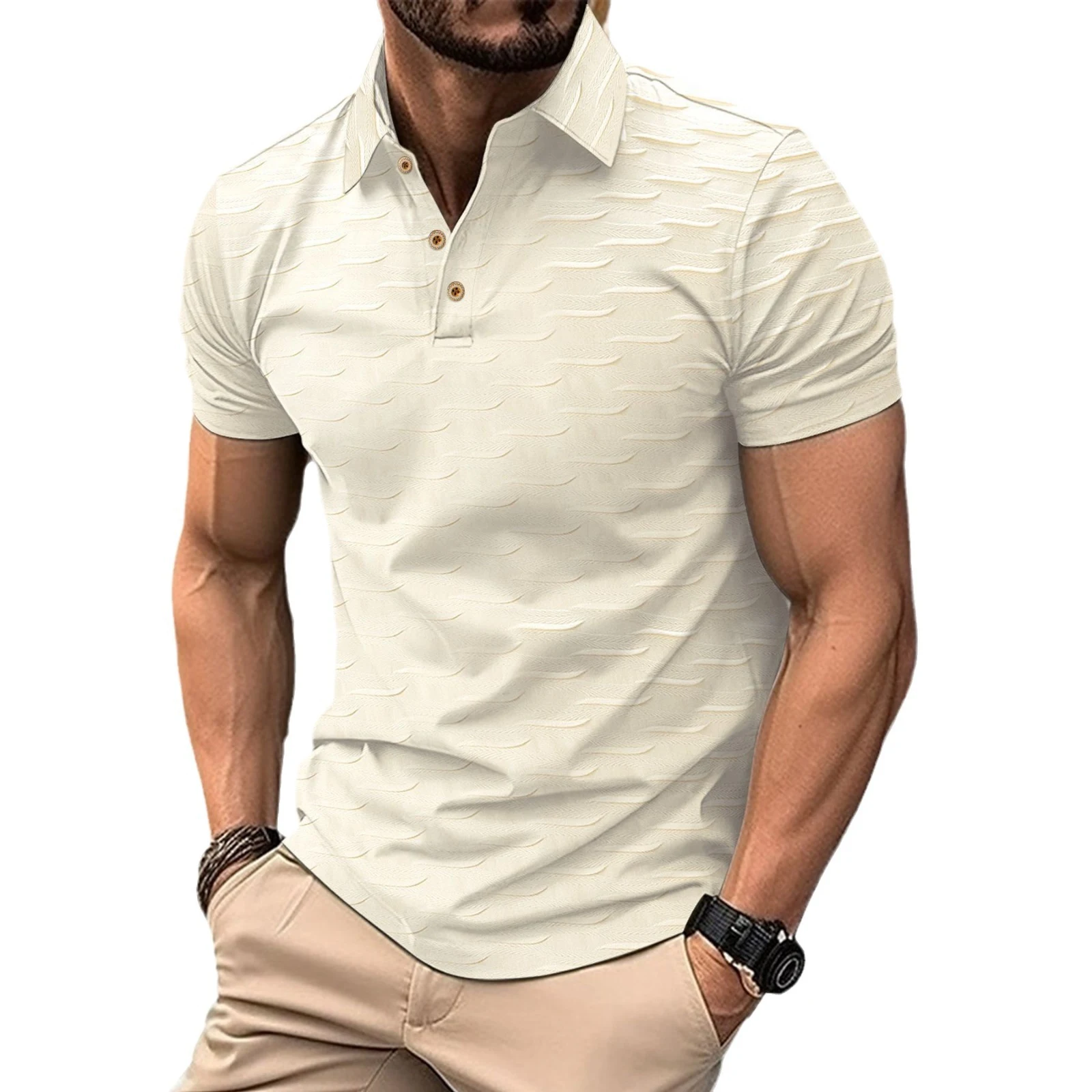 Camisa Masculina Lisa Manga Curta Botão Jacquard Conforto e Estilo para o Verão Tecido Leve e Elegante Perfeita para o Dia a Dia — foto 3