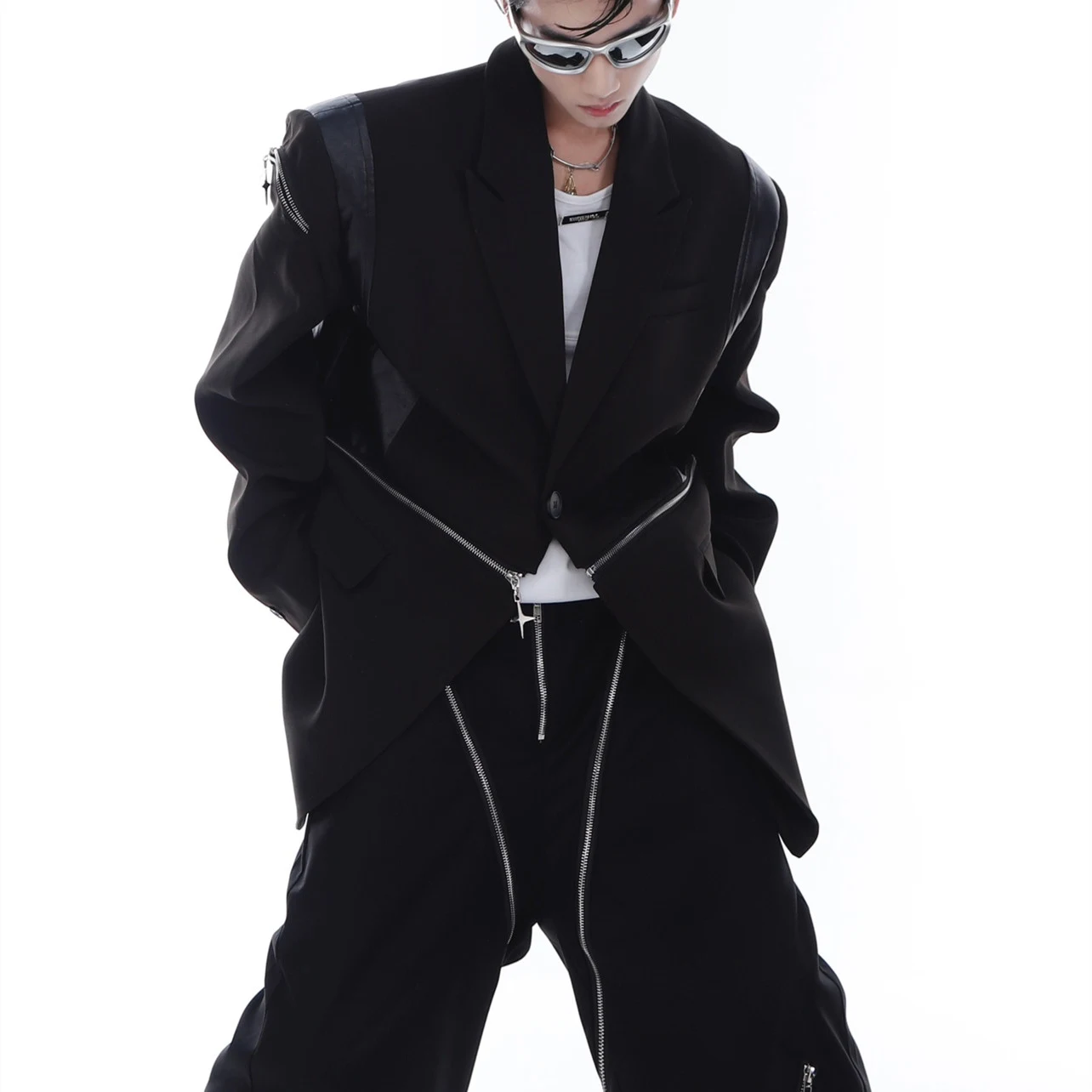 Title 6, Mens Fashion Patchwork Metal Zipper Suit Jacket