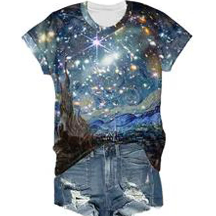 Dames casual T-shirt met olieverfschilderij & ruimteafbeelding print. Europees en Amerikaans design. Comfortabel en stijlvol voor dagelijks gebruik. — foto 6
